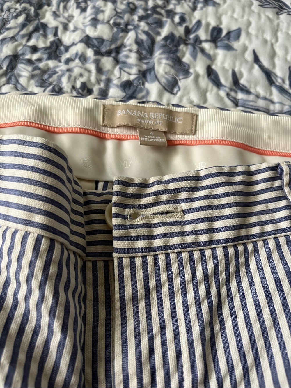 Banana Republic Navy and White Striped Shorts with Coral Accent